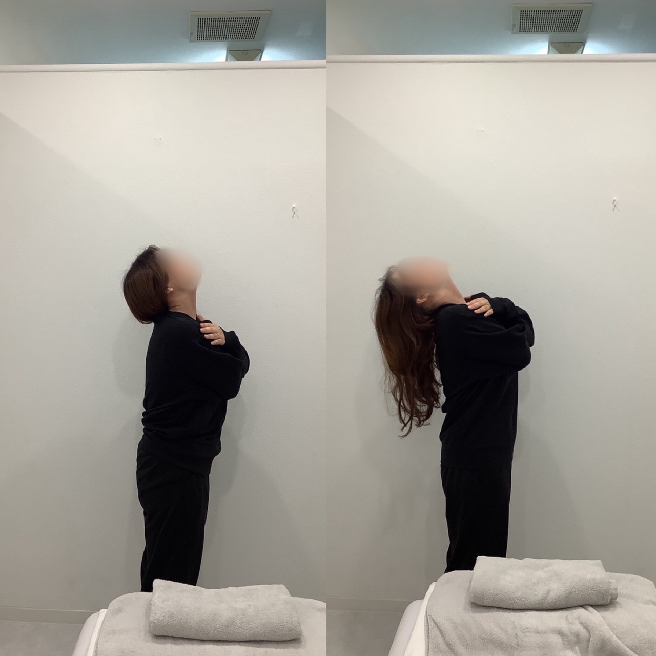 肩甲骨まわりの施術を受けた方が上体を後ろへ反らす動きを確認する比較写真 左が施術前 右が施術後