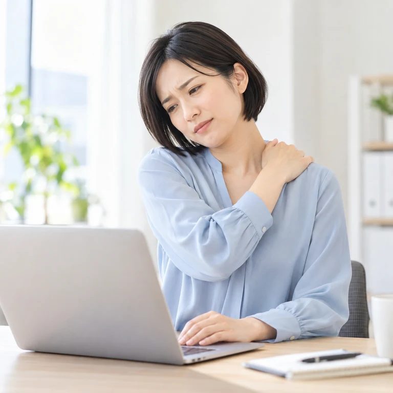 デスクワーク中に肩の重さが気になる女性のAIイメージ画像