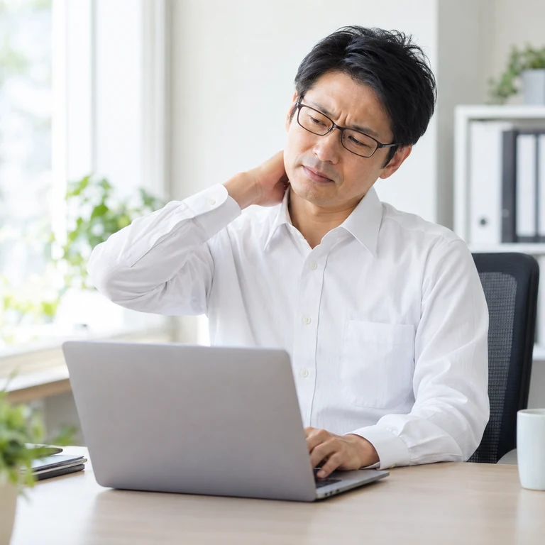 パソコンに向かい首や背中の張りを感じる男性のAIイメージ画像